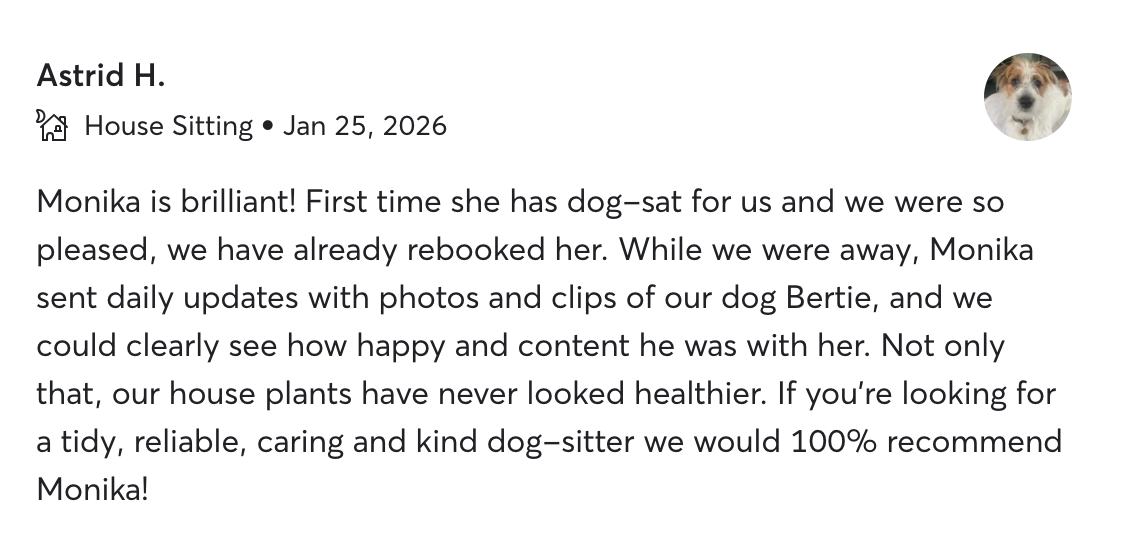 Five-star review from Astrid H.: “Monika is brilliant! … we have already rebooked her. Daily updates with photos and clips of our dog Bertie … our house plants have never looked healthier. A tidy, reliable, caring and kind dog-sitter — we would 100% recommend Monika!”