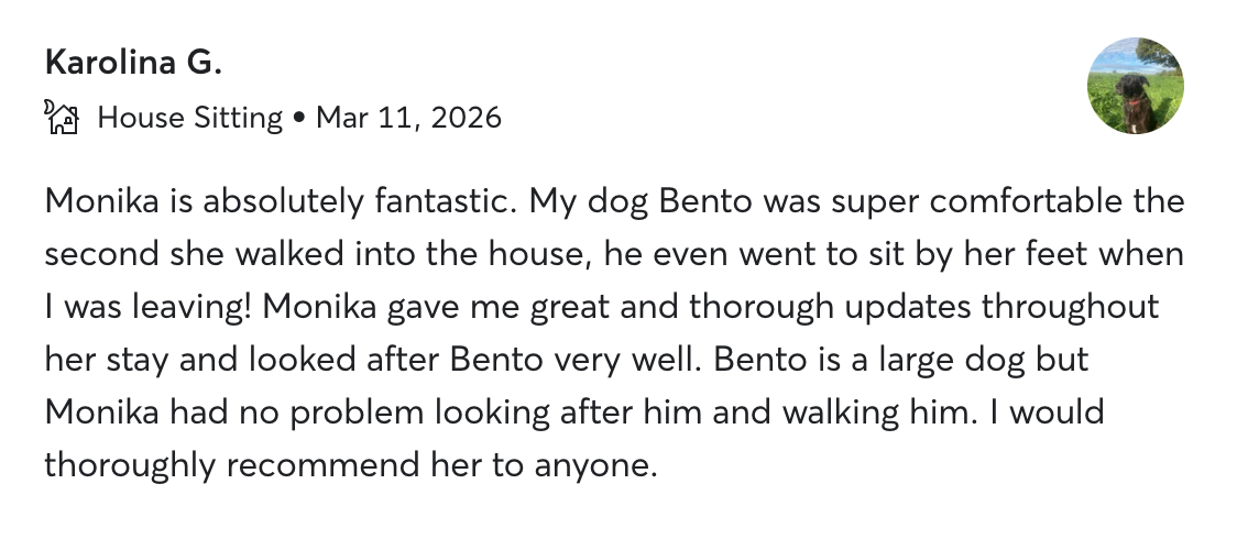Five-star review from Karolina G.: “My dog Bento was super comfortable the second she walked into the house … great and thorough updates … I would thoroughly recommend her to anyone.”